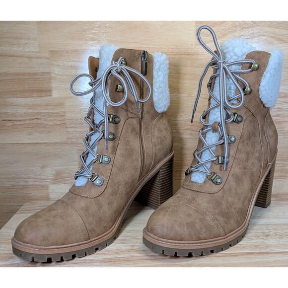 Nine West Women’s Tan Lace-Up Block Heel Boots Size 11M Faux Shearling Fold - Picture 4 of 10